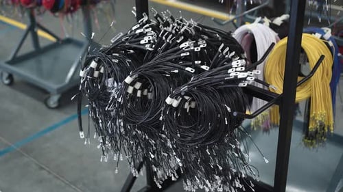 A Stand with Prepared Wires That Will Be Used in Automotive Wiring In a Workshop for the Production