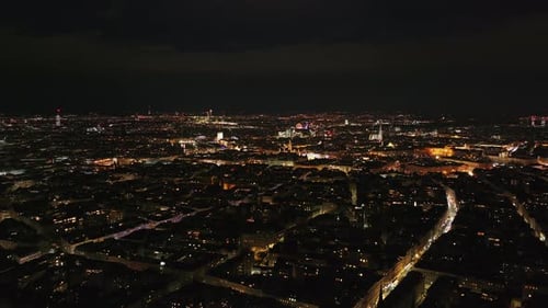 Beautiful Nighty Cityscape Aerial Panoramic View of Metropolis Illuminated Tourist Sights Vienna
