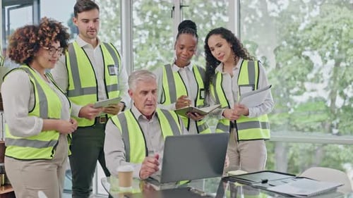 Planning, construction and team in office with architecture, engineering