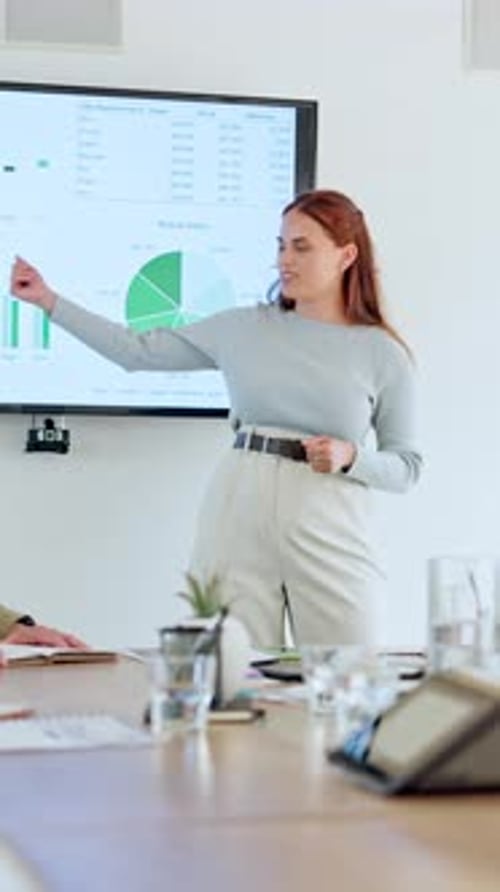 Monitor, presentation and woman with smile, boardroom and performance review with stats