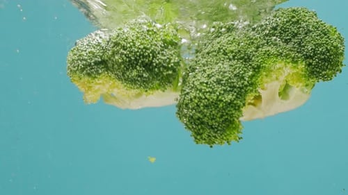 Green Broccoli Falling in Boiling Water Fresh Fruits and Vegetables Falling Splashing Into Water
