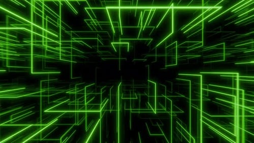 Espace 3D numérique avec des lignes vertes brillantes formant des structures géométriques futuristes sur fond sombre