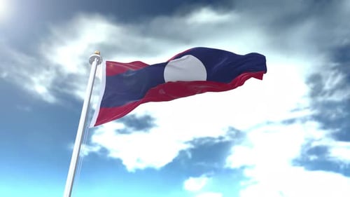 Animated Laos National Flag Waving in Realistic Sky