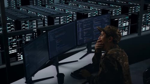 Tired Asian Military Yawning Before Sleeping While Write Code In Data Center