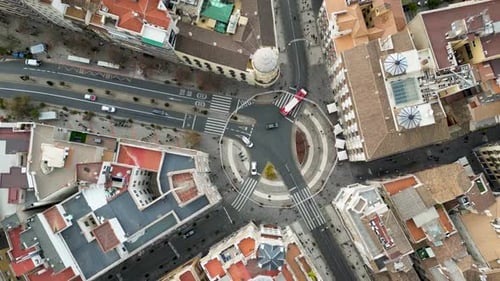Aerial view of roundabout and buildings, Spain.