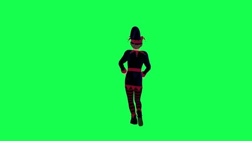 3D blue dressed clown dancing nice in new year party front angle on green screen