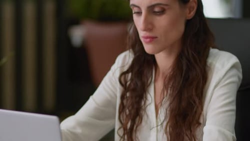 Office Work Caucasian Businesswoman Working Online Laptop at Desk Concentrated Employee Girl