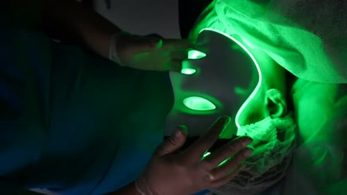 Beautician Applying LED Light Antiaging Mask for Facial Skin Care in Beauty Clinic