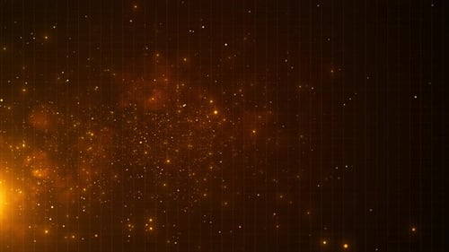 Ondas douradas elegantes brilham em um fundo escuro, poeira cintilante e partículas de luz e