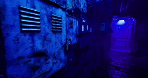 Mysterious Alley Illuminated By Blue Lights in an Urban Environment