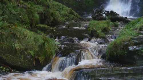 A lovely stream with flowing water over the rocks at the base of Pistyll Rhaeadr Falls, It's the hi