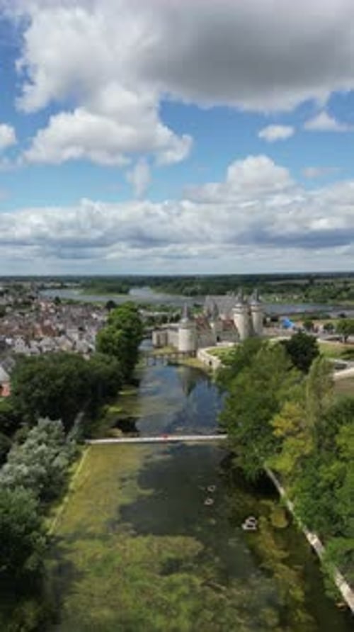 Aerial view of Chateau de Sully-sur-Loire by the River Loire, France.