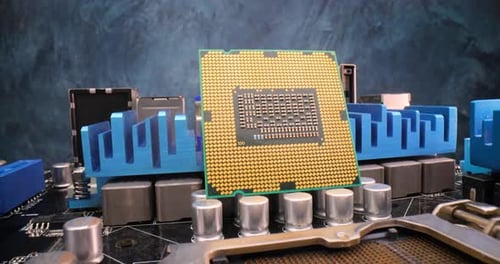 Imagem aproximada do processador central do computador com chip de CPU. Conceito moderno de tecnologia de computador.