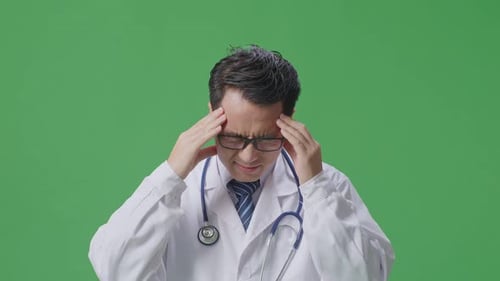 Asian Male Doctor With Stethoscope Having A Headache While Standing On Green Screen Background