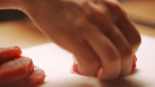 Fresh Raw Meat on the Table the Cook Beats Meat. the Chef