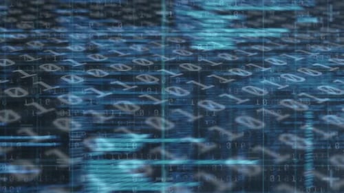 Digital animation of data processing against binary coding data processing on black background