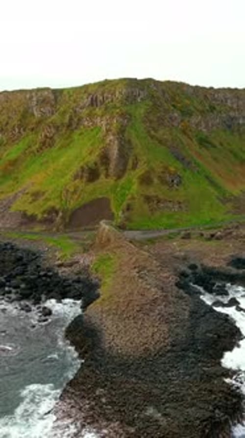 Social ratio aerial video overview of The Giant's Causeway in Bushmills, Antrim in Northern Ireland