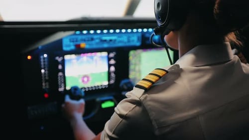 Young Female Pilot Training Studying to Fly Launch Airplane