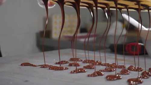 Melted Chocolate Drizzling from Mold Close Up