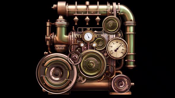 Animated Steampunk Mechanical Engine with Rotating Gears and Gauges ...
