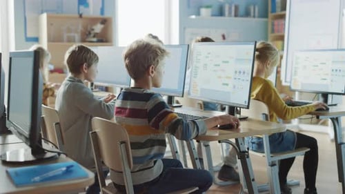 Elementary School Computer Science Classroom: Smart Little Schoolchildren Work on Personal Computer