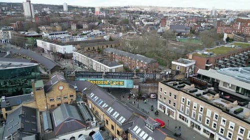 Camden lock sign reveal London UK Drone, Aerial, view from air, birds eye view,