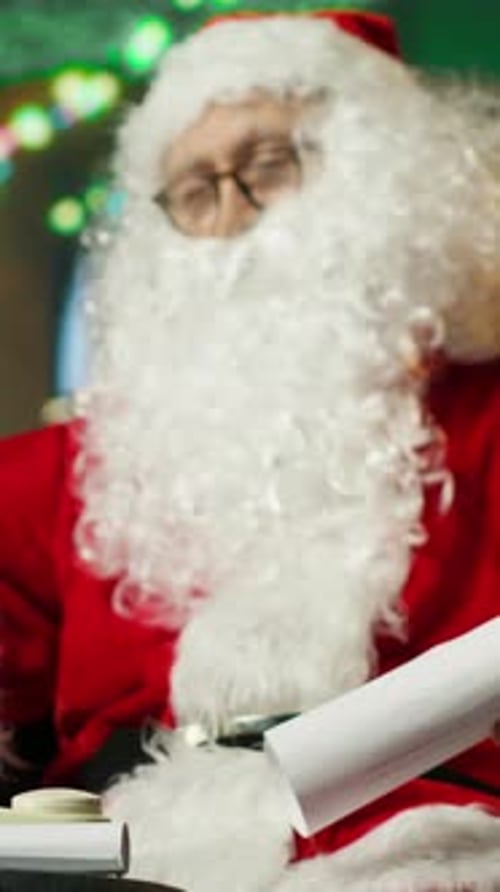 Vertical Video Santa Claus Answering Phone Call Responding to Kids Requesting Gifts