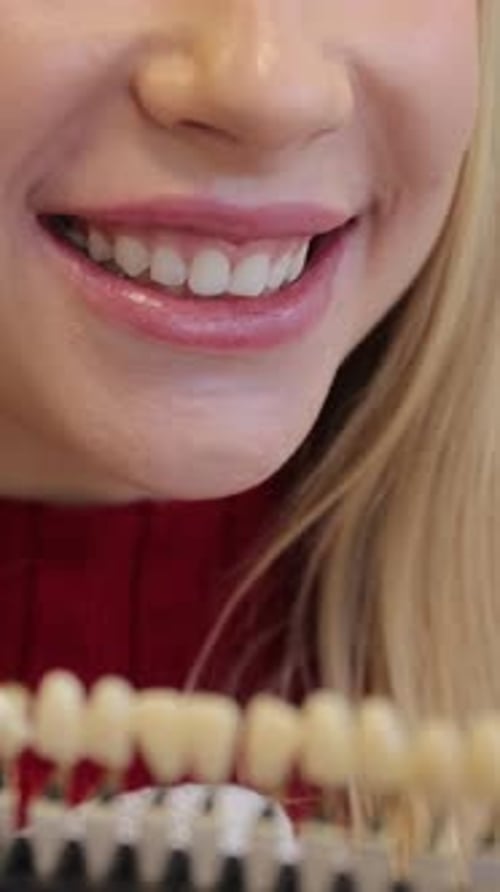 Closeup of Woman Selecting Tooth Color Woman Consults with Technician for Natural Tooth Appearance