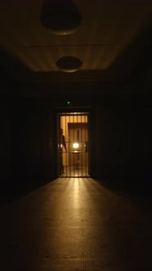 Silhouette Walking Away from Locked Gate in Dark Hallway