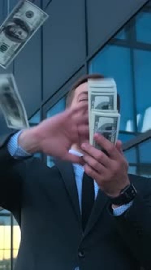 Insanely Happy Rich Young Businessman Scatters Dollars High Profit High Salary