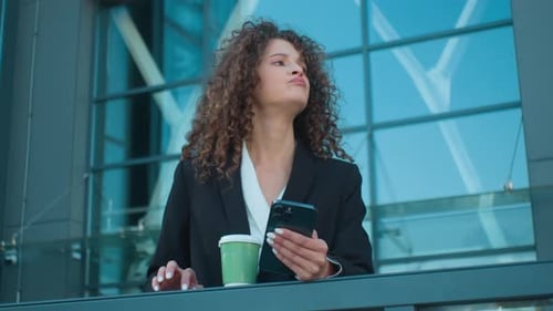 Caucasian Anxious Upset Businesswoman Office Worker Employee on Terrace Drink Coffee Outdoors Female