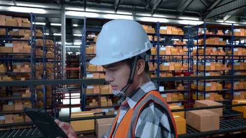 Vue latérale rapprochée d'un ingénieur asiatique travaillant sur une tablette dans l'entrepôt