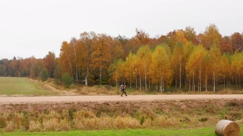 Hiker Walks Along Autumn Road