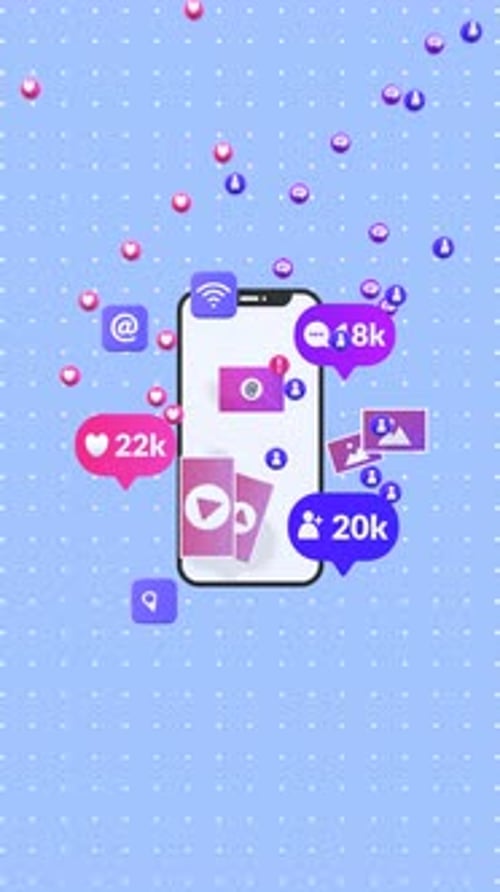 3D Animated Smartphone with Social Media Icons in Vertical Format for Marketing.