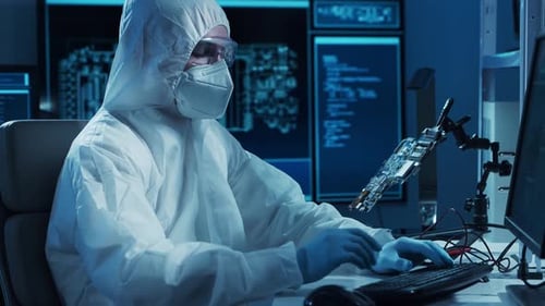 Microelectronics Engineer Works in a Modern Scientific Laboratory on Computing Systems and