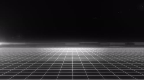 Eine schwarz-weiße digitale Grid-Landschaft mit minimalistischem futuristischem Design und dunkler Atmosphäre