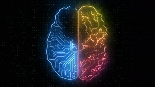 Animation de demi-sphères cérébrales Creative Circuit sur fond noir. Intelligence artificielle