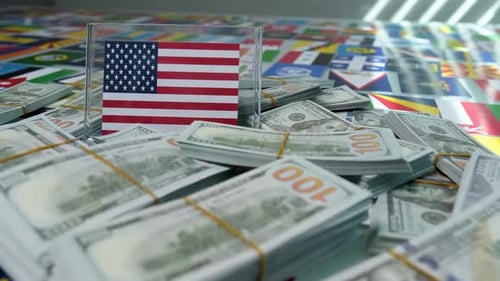 Bundles of US Dollars with Flags of the World