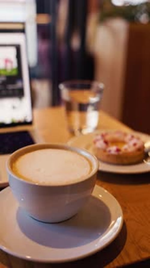 A Cup of Coffee and a Delicious Donut Rest on a Wooden Table Beside a Laptop and a Refreshing Glass
