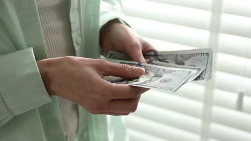 Woman counting dollar banknotes indoors, closeup view