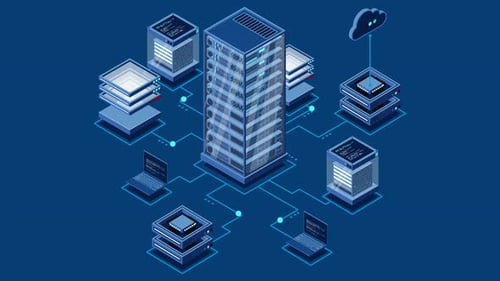 Animation informatique isométrique. Calcul d'un grand centre de données. Informatique en nuage