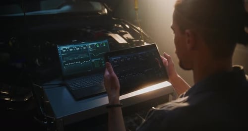 Mechanic With Tablet Analyzing Engine Diagnostics Data