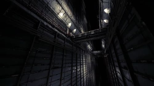 Flying Through Dark Futuristic Industrial Corridor Animation