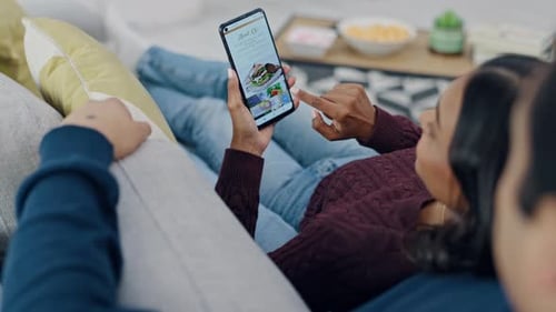 Phone screen, hands and couple with food delivery, e commerce and service