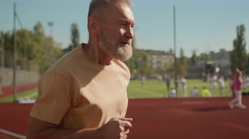 Old European Man Athlete Sportsman Running Stadium City Outside Runner Training Pensioner