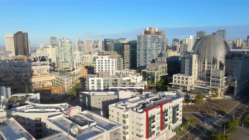 Petco Park and San Diego Central Library in downtown, aerial drone view