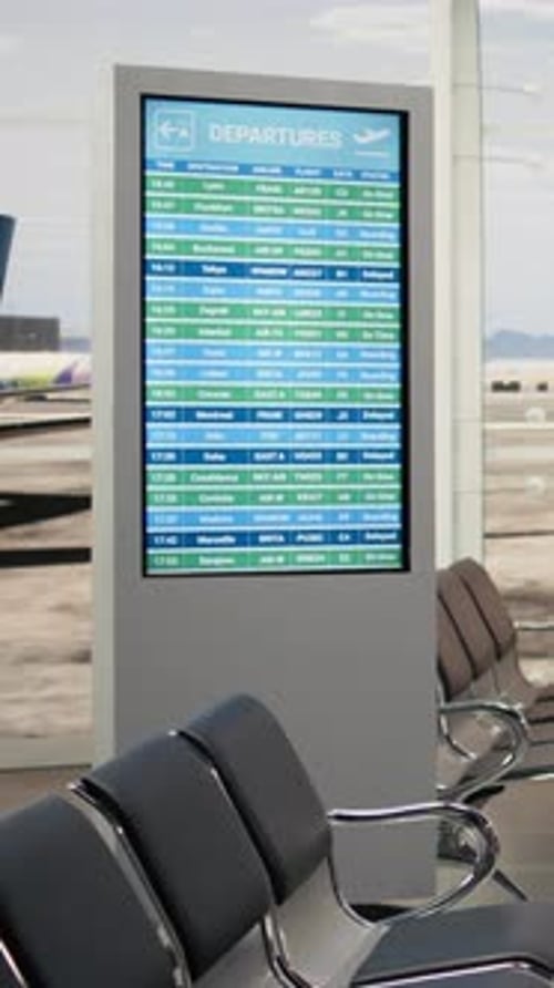 Vertical Video Screen Listing Flight Schedules and Boarding Gates in Airport with No People