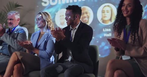 People, stage and happy at summit with applause for achievement, success and congratulations