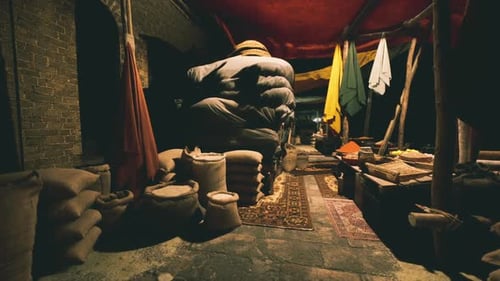 Traditional Market Stall with Spices and Grains Zoom Out
