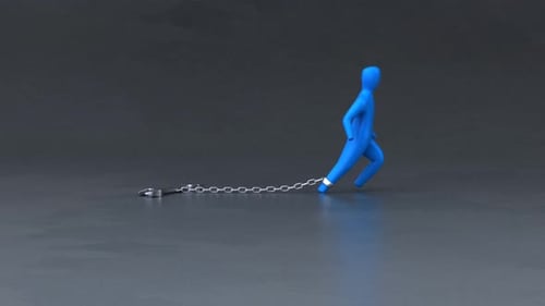 Blue Figure Chained Struggling to Walk 3D Animation